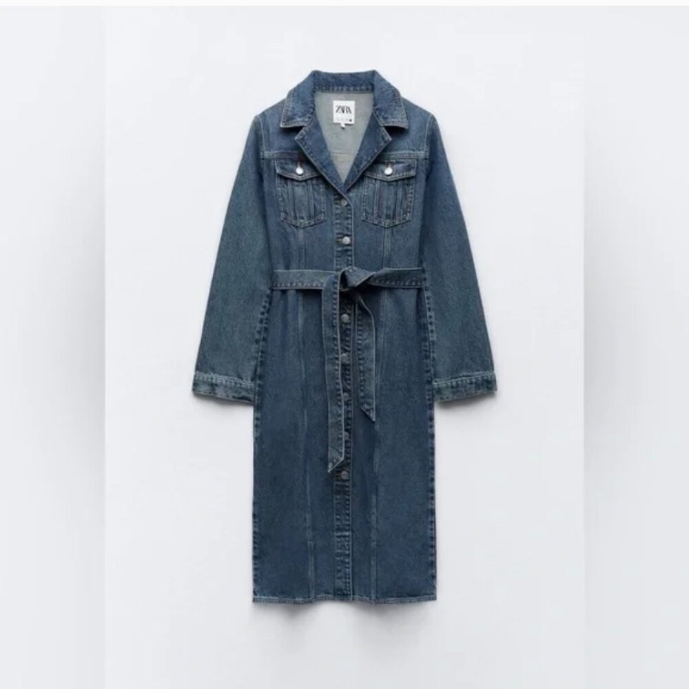Denim Jeans Dress by Zara Midi Button Up with Belt Long Sleeve NWT Size L